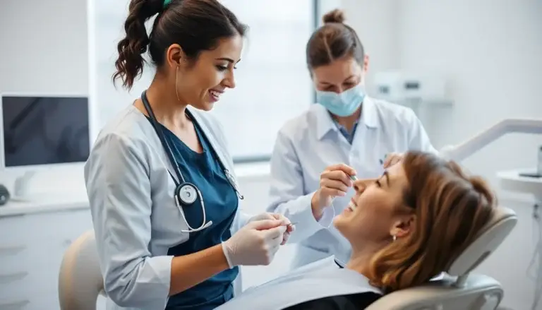 A female dentist explaining dental coverage tiers to a patient in a modern office