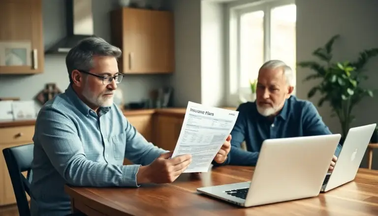 A couple comparing insurance plan documents at home