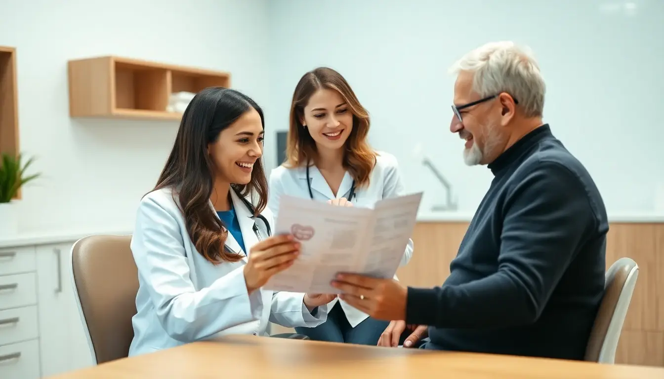 A female dentist reviewing a treatment plan with a patient at a desk