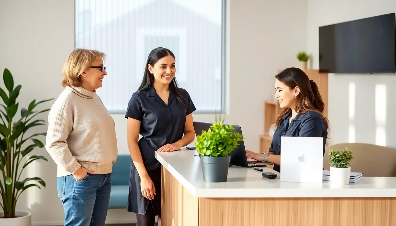 A dental team member booking an appointment at the front desk